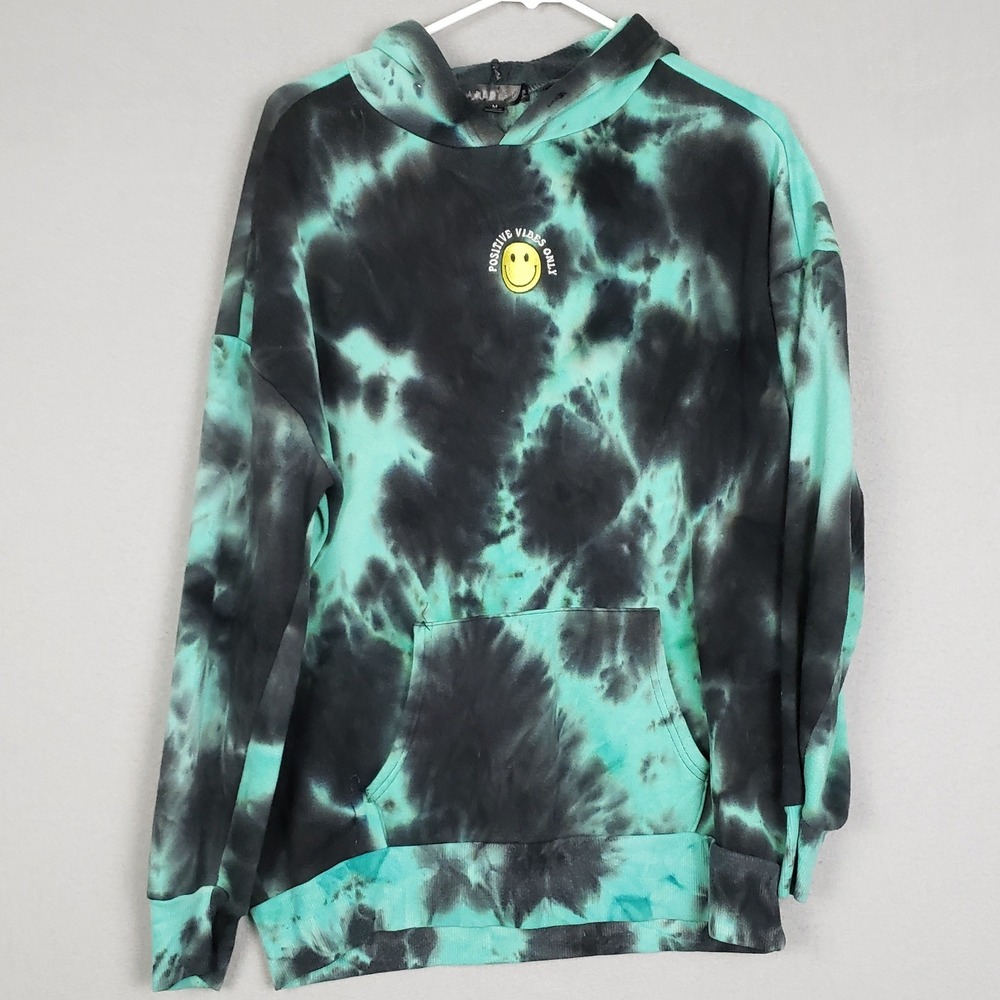 Faded Rose Sz M Smiley Face Tie Dye Hoodie Sweatshirt Aqua Positive Vibes Hippie